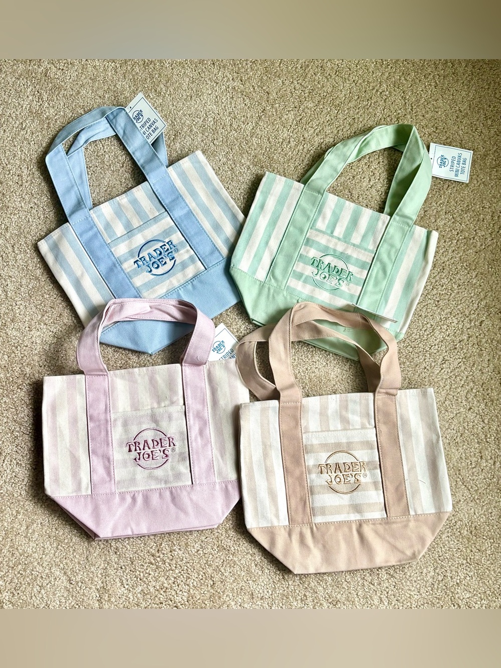 Trader Joe’s Pastel Stripe Tote Bags-set of 4 bags - Pink, Blue, Green, Tan